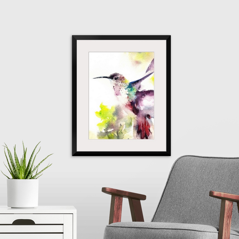 A modern room featuring A contemporary watercolor painting of a hummingbird hovering against a white background.