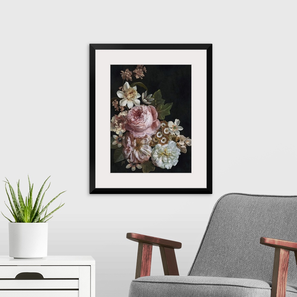 A modern room featuring A cluster of beautiful old world flowers arranged over a dark background.