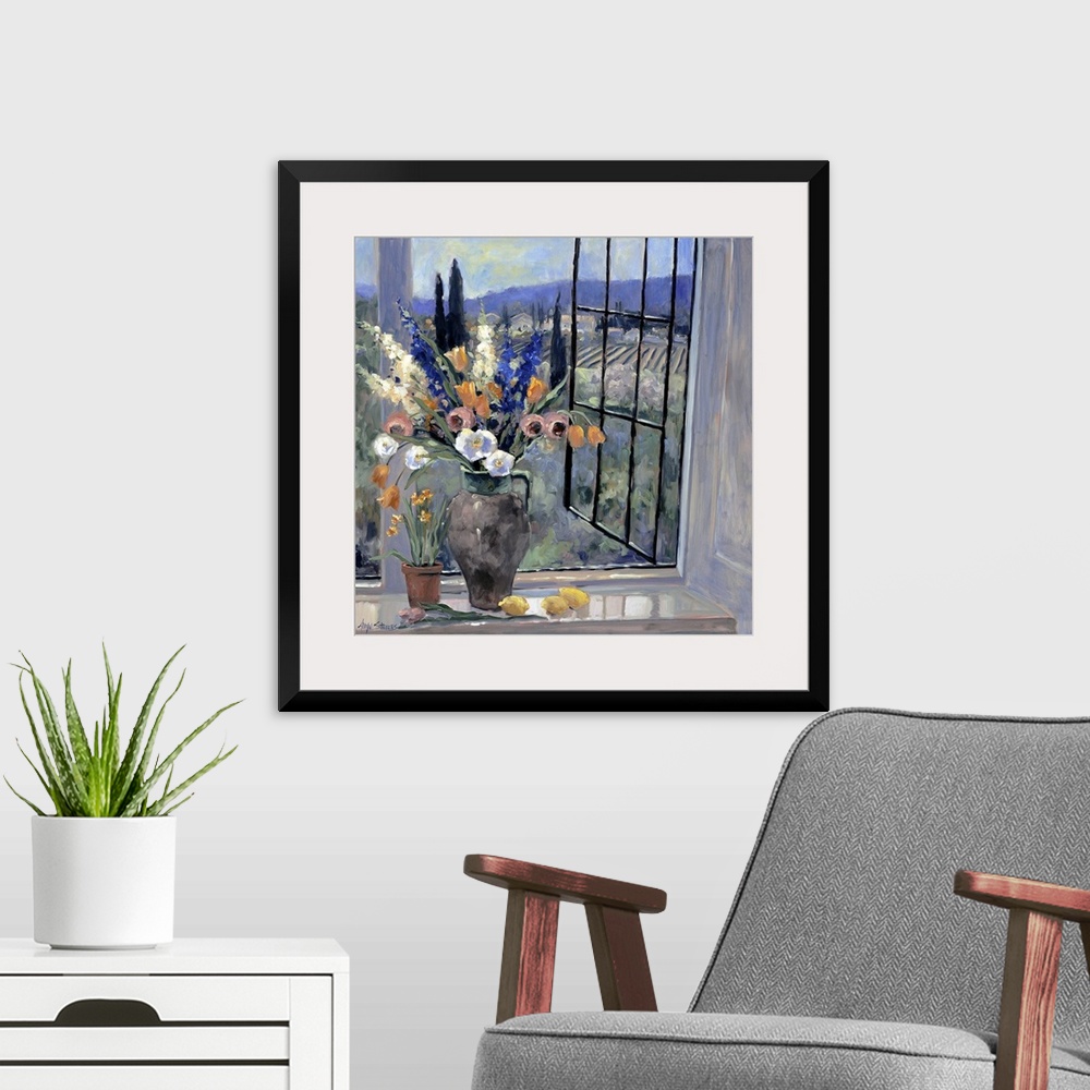 A modern room featuring Contemporary landscape painting of a flower filled vase sitting by an open window looking out ove...