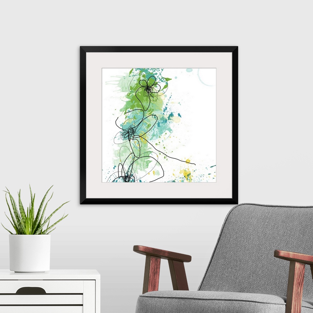 A modern room featuring Big abstract floral art illustrated through lots of paint splashes and curved lines to represent ...