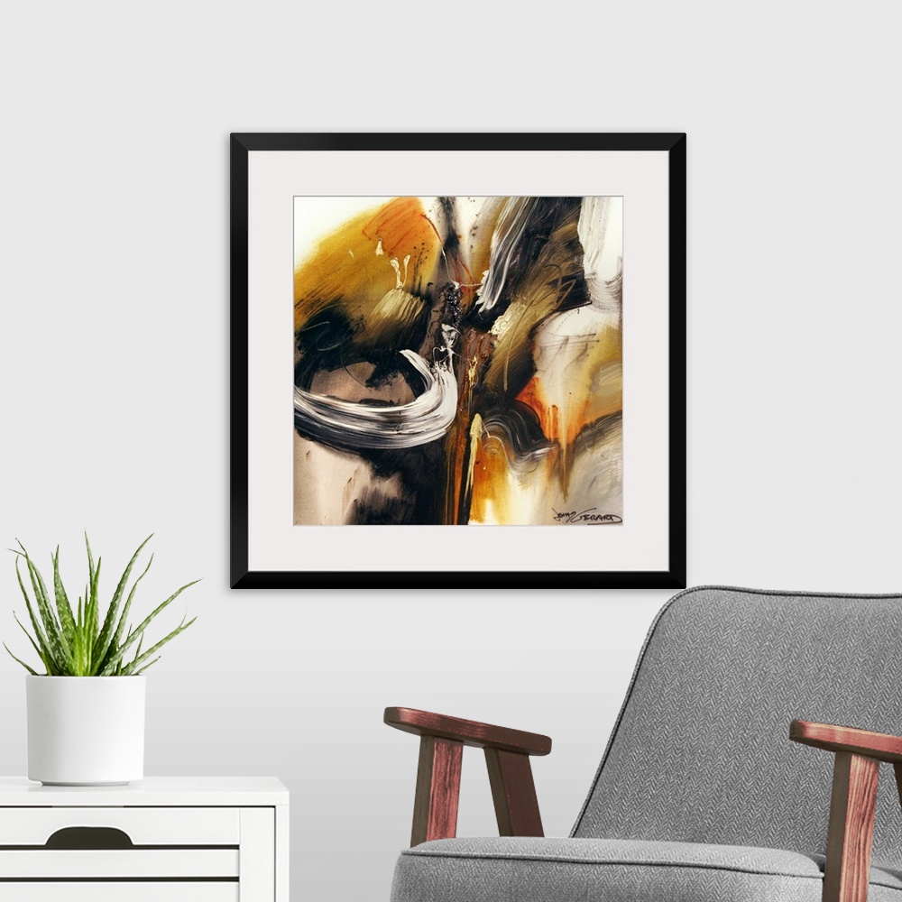 A modern room featuring This square wall hanging is a gicloe print of an energetic contemporary painting with bold brushs...