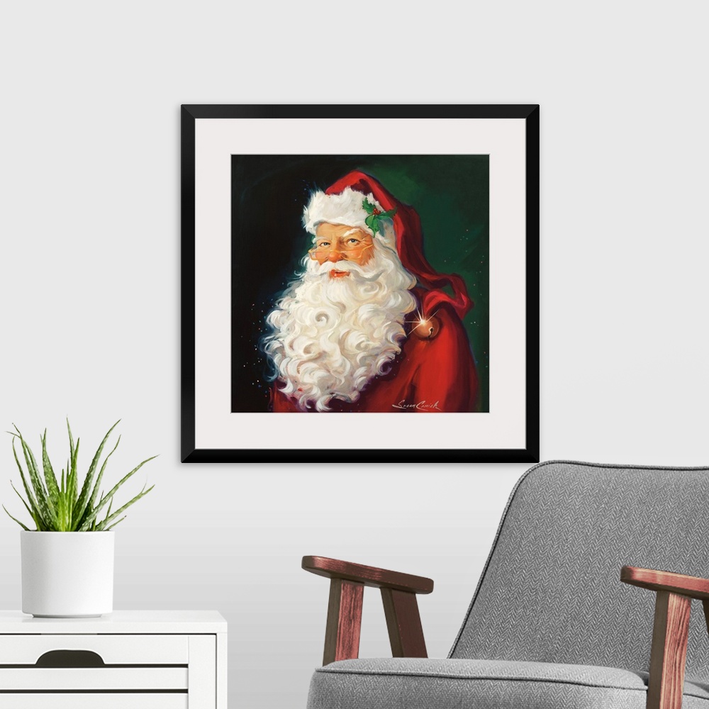 A modern room featuring Portrait of Santa with a white beard.