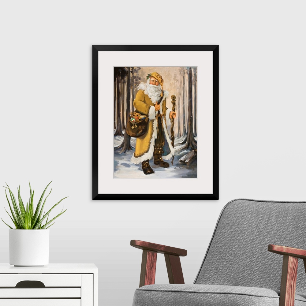 A modern room featuring Painting of Santa in a yellow suit walking through the woods.