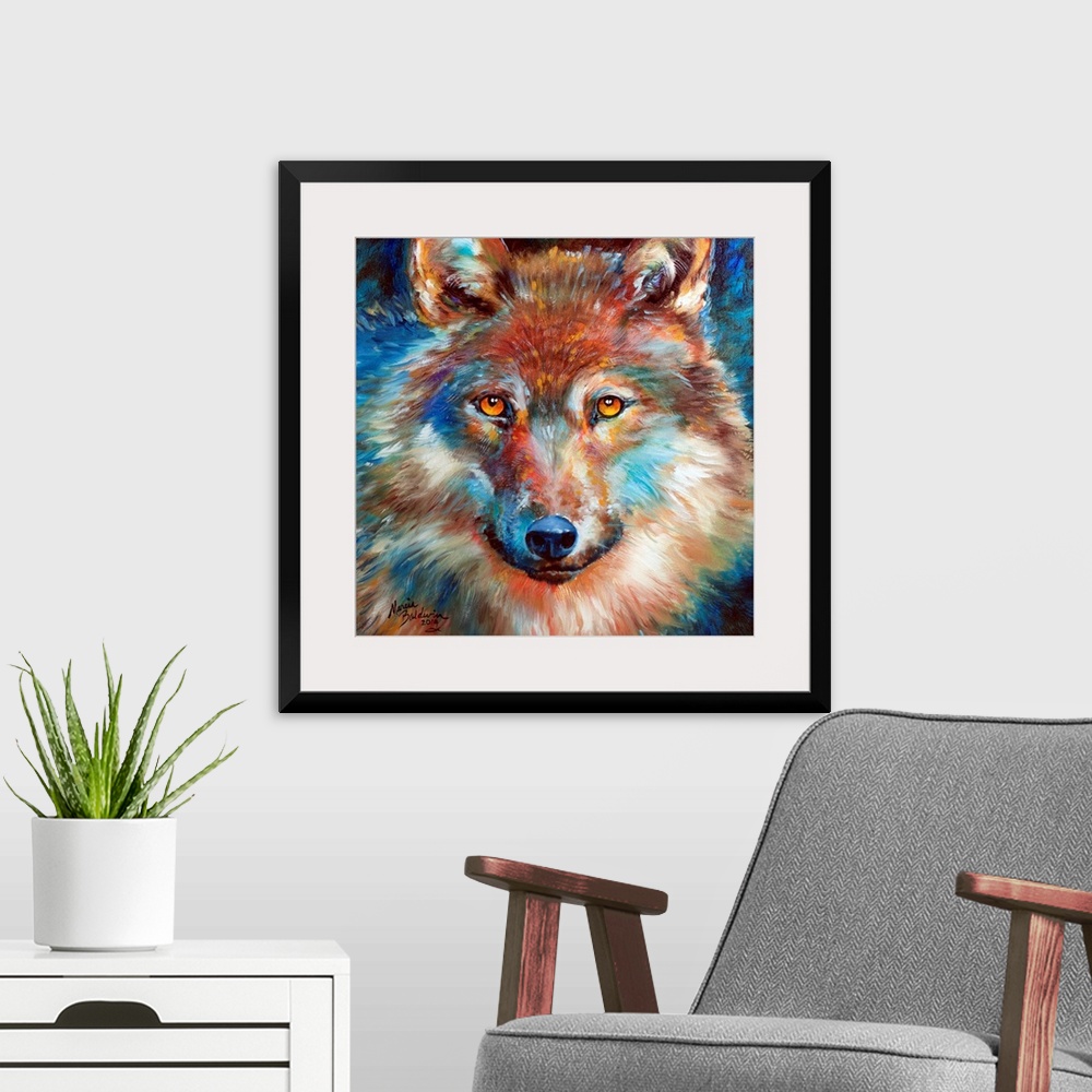 A modern room featuring Square painting of a colorful wolf made with intricate brushstrokes.