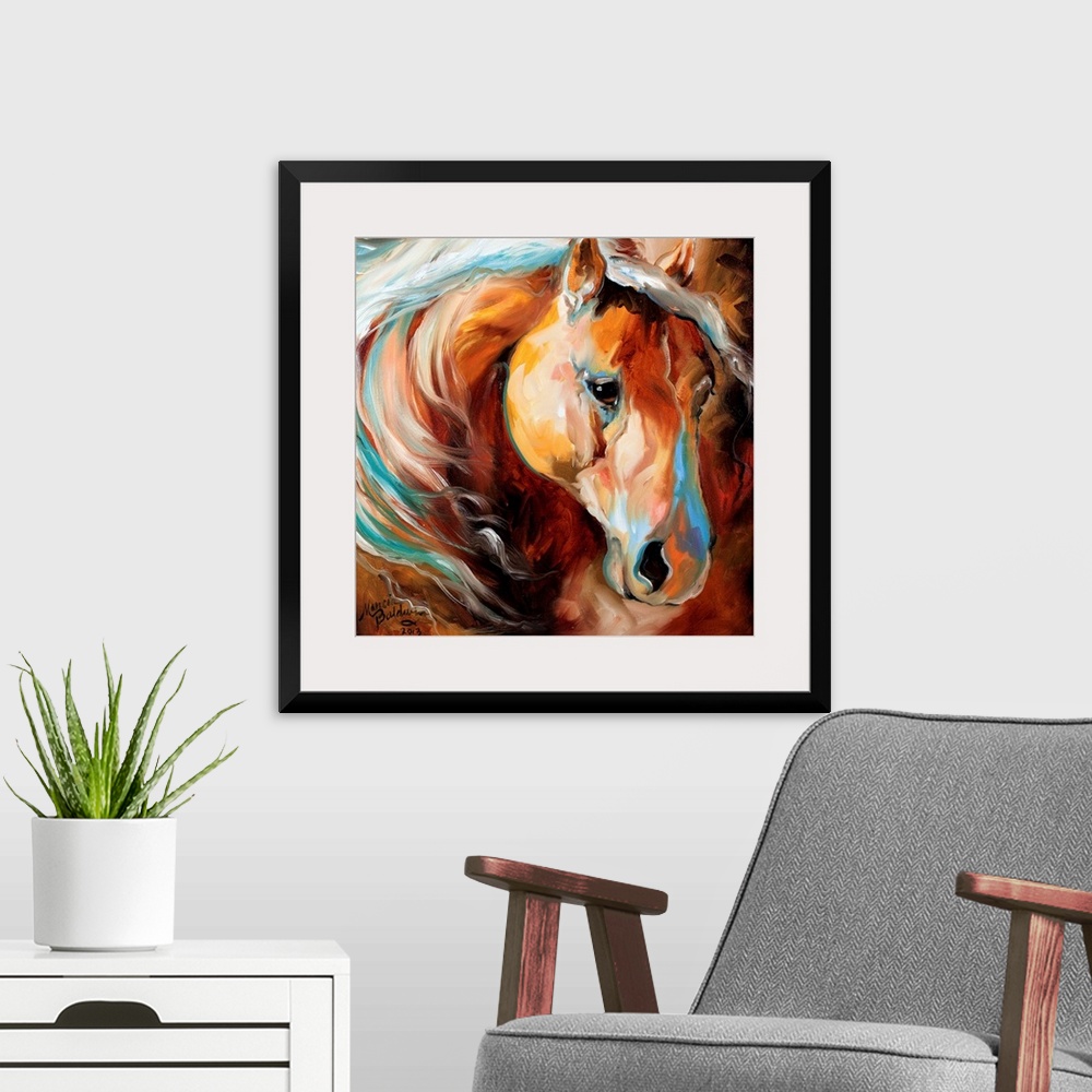A modern room featuring Square painting of a brown toned horse with blue highlights.