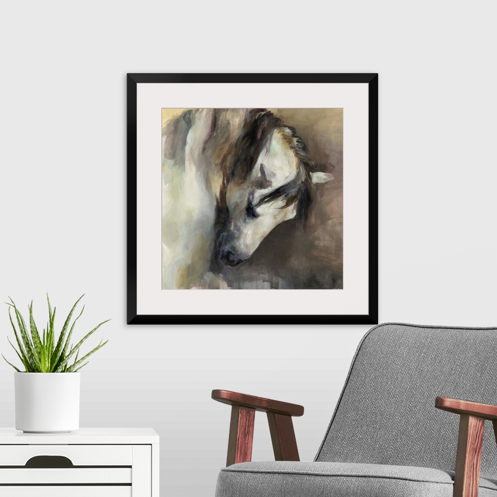 A modern room featuring Square abstract painting of a horse in neutral colors.
