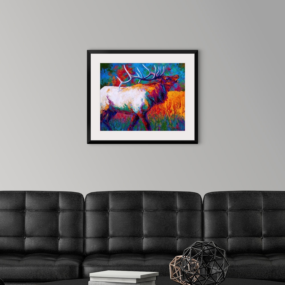 A modern room featuring Contemporary painting of an elk with a large set of antlers done in a wide array of bold colors.