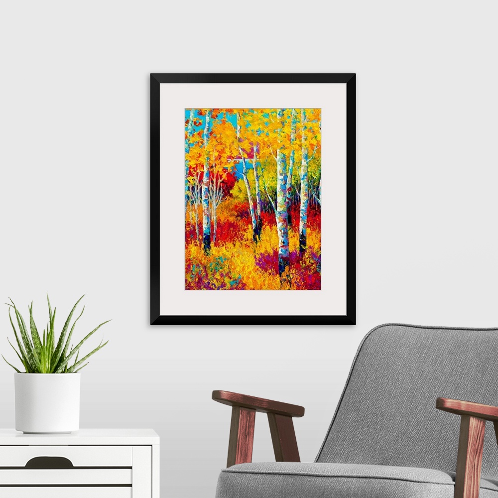 A modern room featuring Contemporary painting of colorful fall forest with undergrowth.