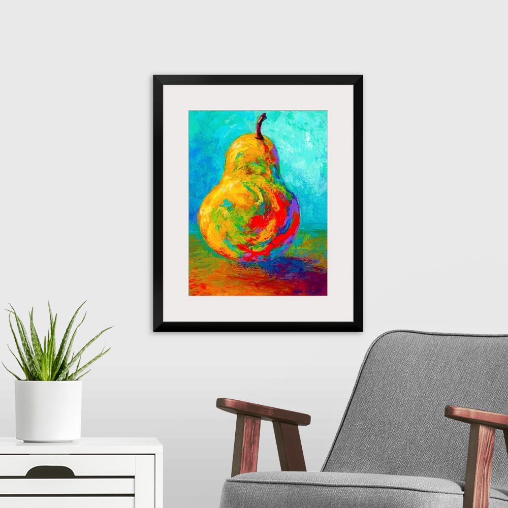 A modern room featuring This vertical painting of a single piece of fruit balanced up right on the table uses vivid an un...