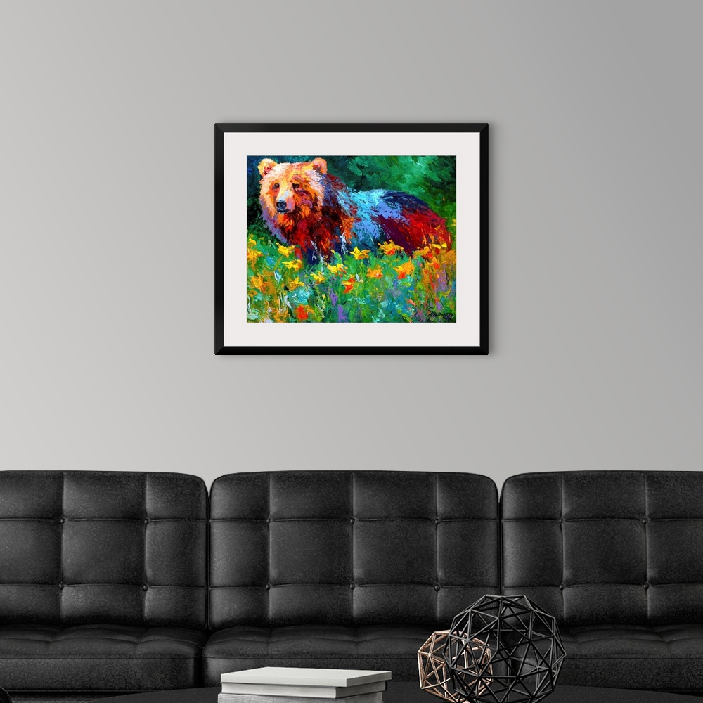 A modern room featuring Impressionalistic painting of a large bear in the middle of a field of flowers with a forest in t...