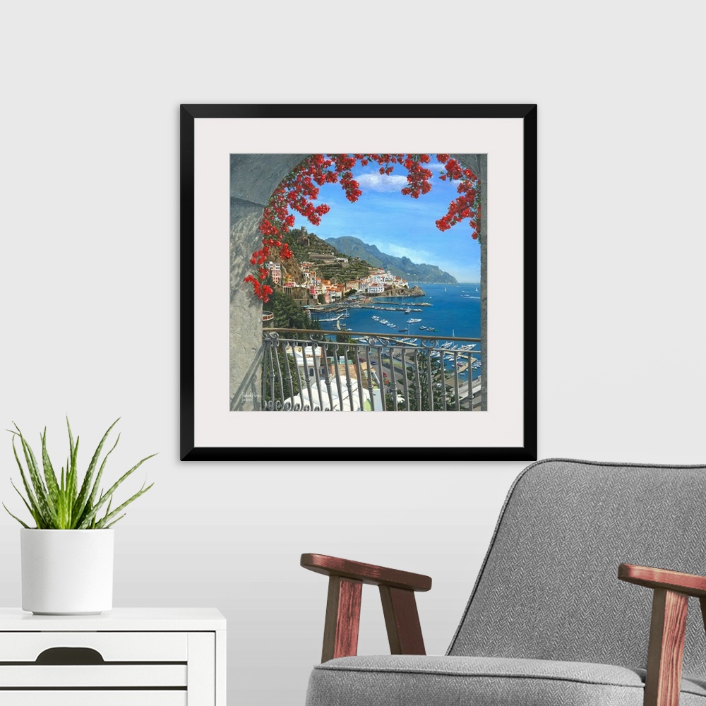 A modern room featuring Contemporary painting of a view of a European harbor from a floral adorned balcony.