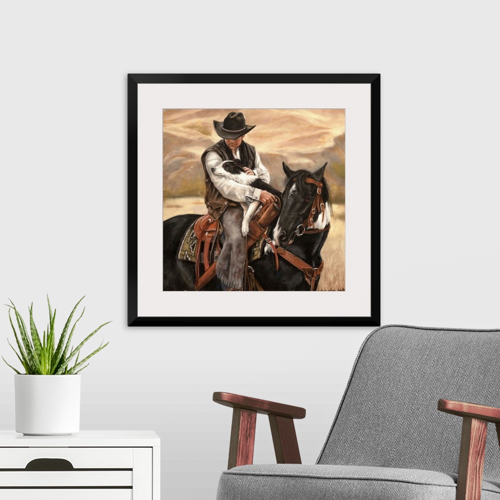 A modern room featuring Contemporary artwork of a cowboy on horseback holding a border collie dog in his arms.