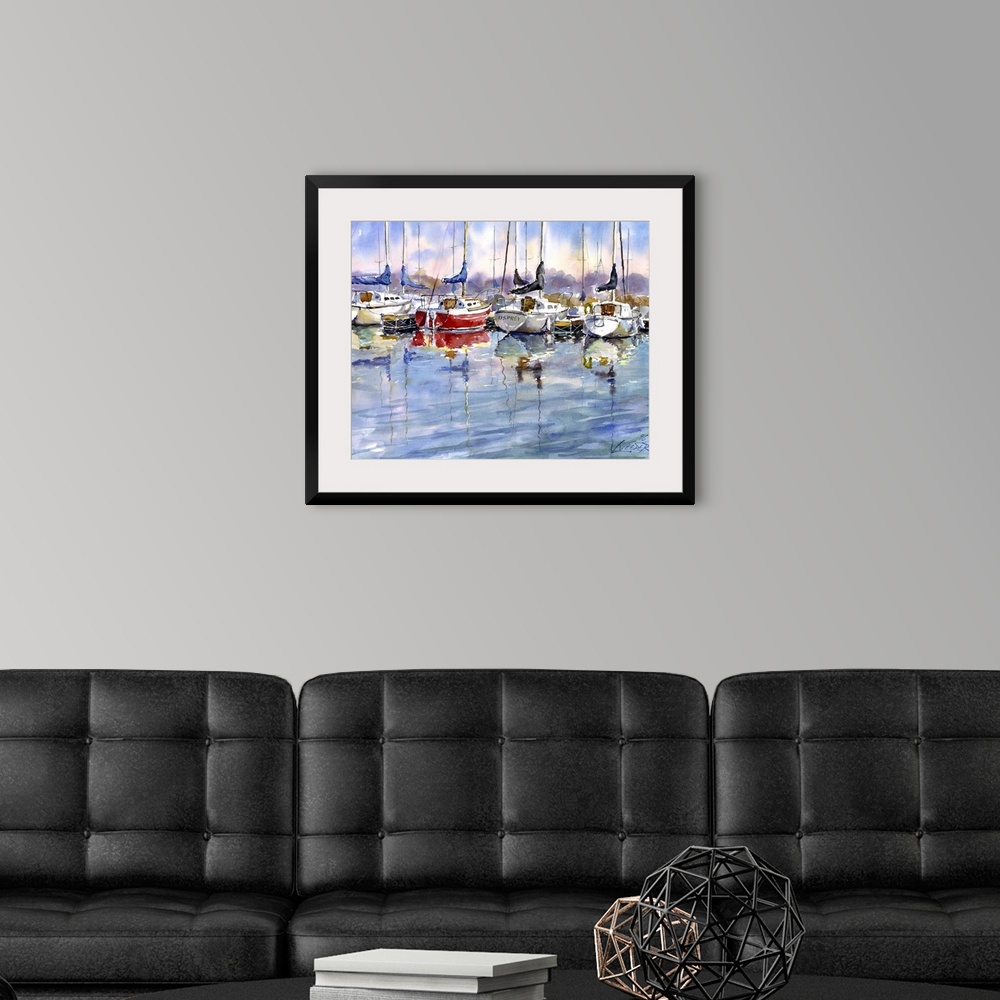 A modern room featuring Contemporary piece using water colors to paint sail boats that sit docked at the marina.