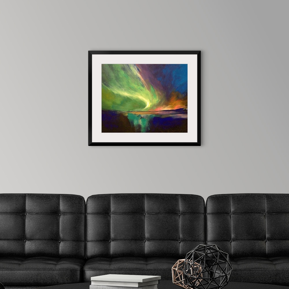 A modern room featuring A landscape wall hanging of the Northern Lights sweeping across the night sky and reflecting in t...