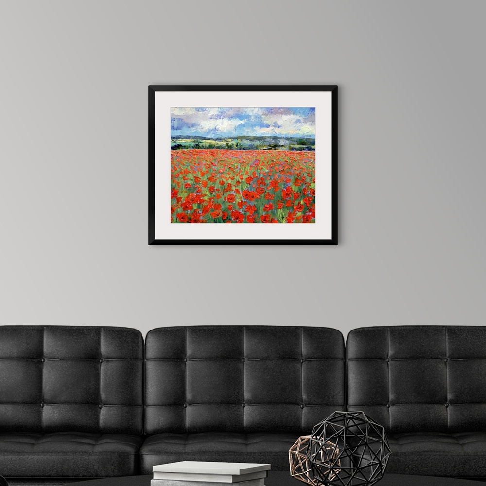 A modern room featuring A contemporary plein air landscape painting of a meadow of poppies on a sunny day.