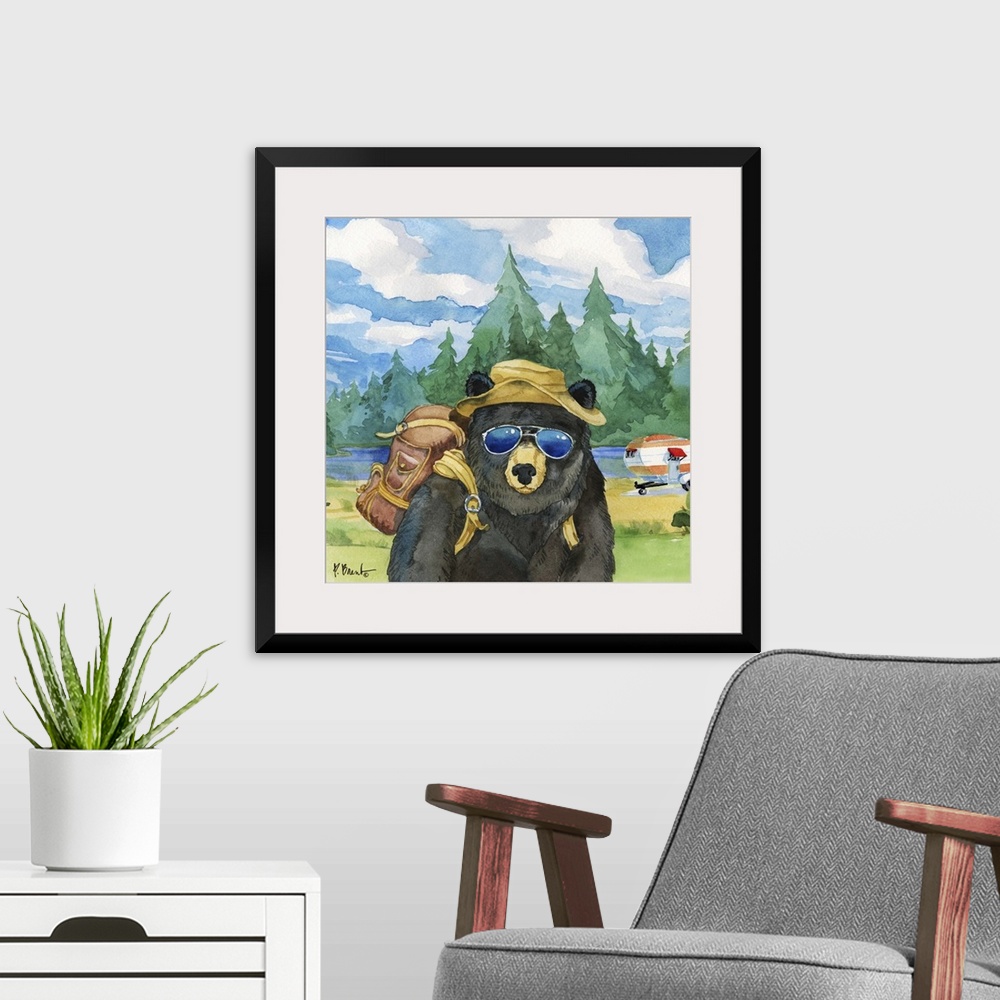 A modern room featuring Square watercolor painting of a black bear with camping gear outside in the wilderness.