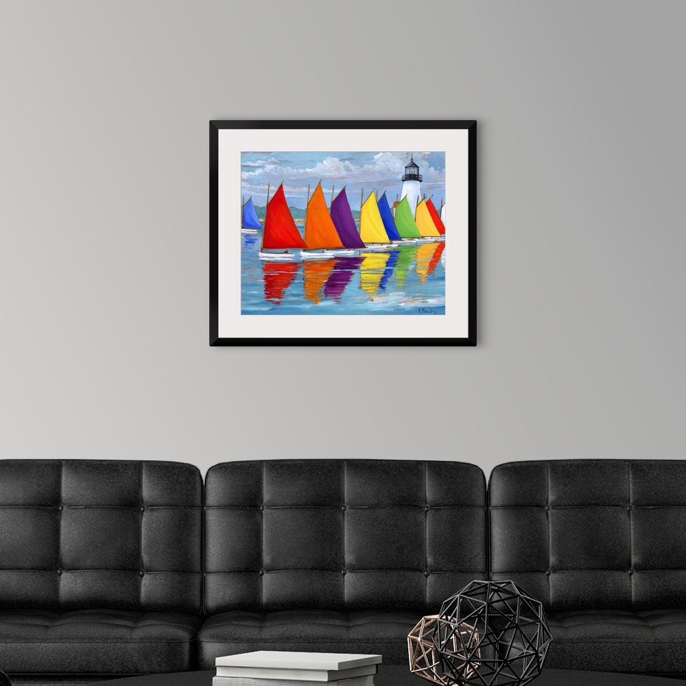A modern room featuring Contemporary painting of a row of multi-colored sailboats on the water, near a lighthouse.