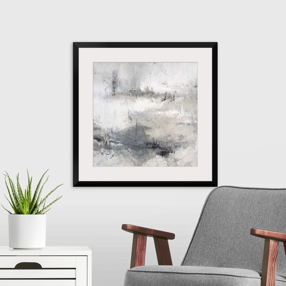A modern room featuring Abstract contemporary artwork in misty shades of white and grey.
