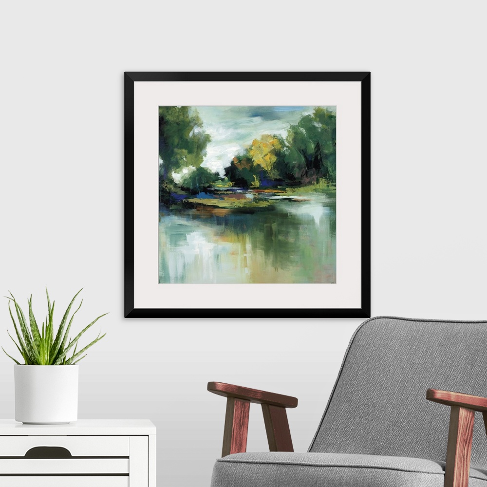 A modern room featuring Landscape painting in thick sweeping brushstrokes of a calm pond in front of a grove of lush tree...