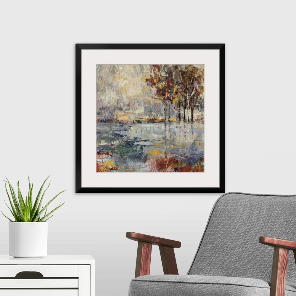 A modern room featuring Contemporary painting of colorful flowers in front of a large body of water, with several vibrant...