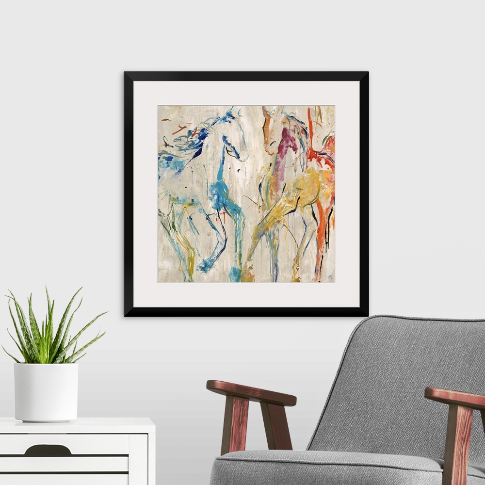 A modern room featuring Contemporary painting of two horse figures in bright blue and red.