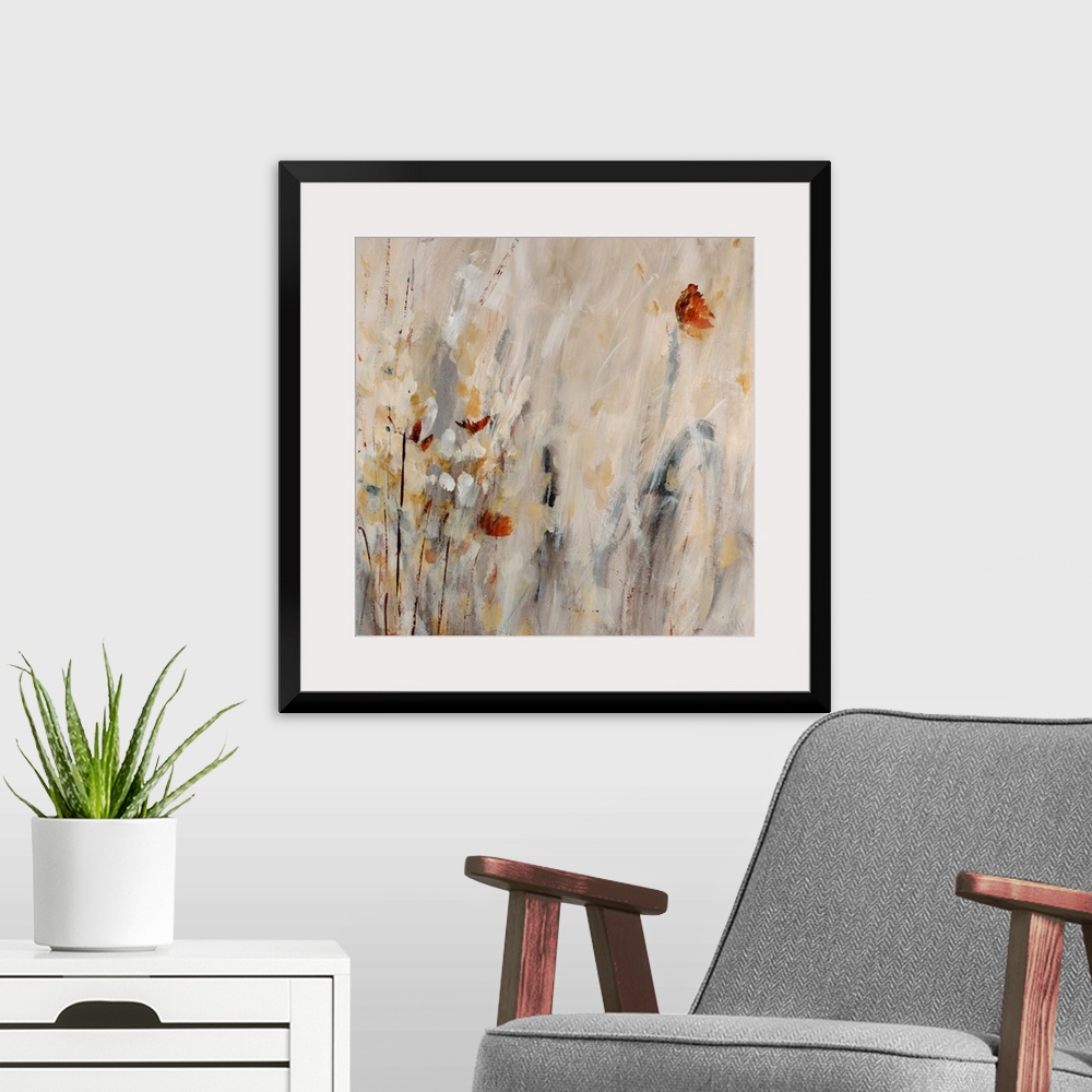 A modern room featuring Vertical wall art that gives the impression of flowers and plants in a square abstract painting m...