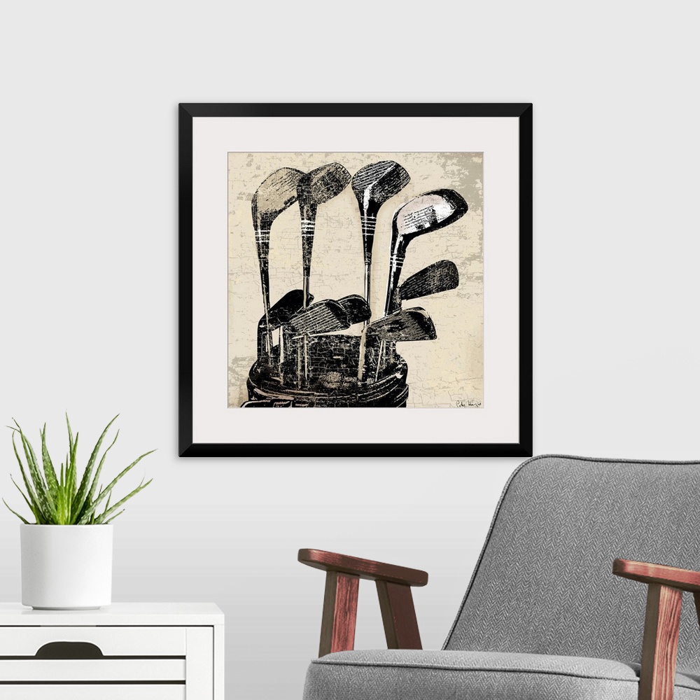 A modern room featuring Vintage style wall art of an old distressed golf clubs on tan and sepia background.