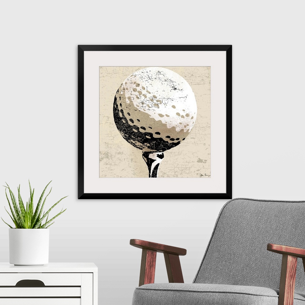 A modern room featuring Vintage style wall art of an old distressed golfball on tan and sepia background.