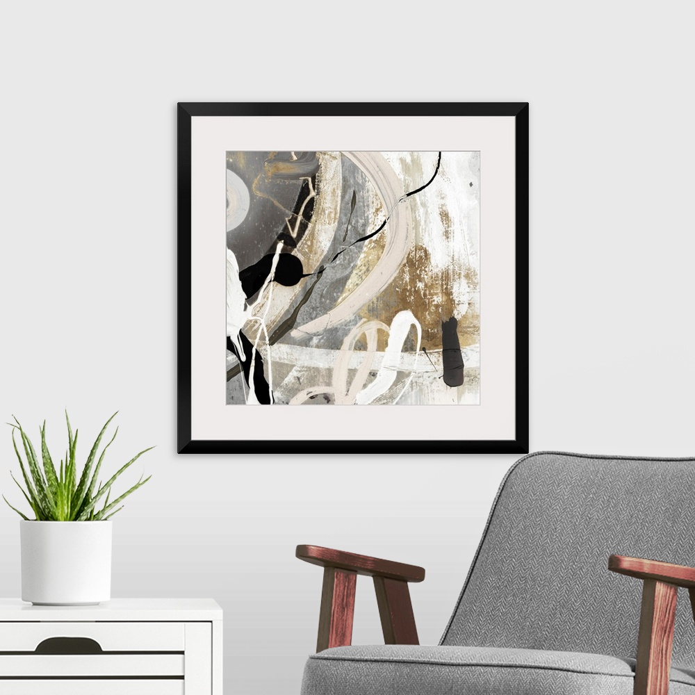 A modern room featuring A Square abstract painting featuring shades of brown, black and white.