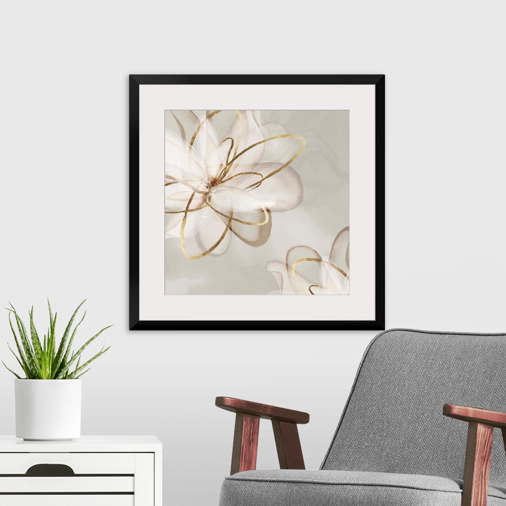 A modern room featuring Abstract watercolor painting of flowers with gold accents.
