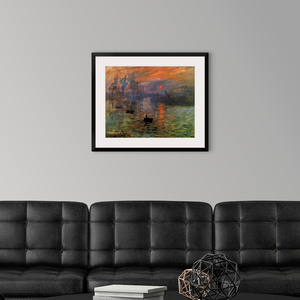 A modern room featuring Impressionist painting on canvas of small boats traveling through a marina with larger boats in t...