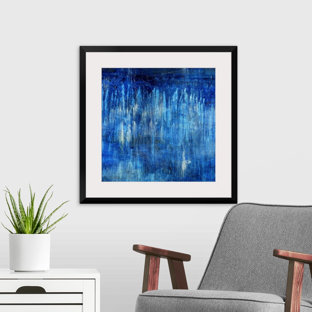 A modern room featuring Big, landscape, abstract painting in blue tones of light vertical streaks in transitioning blue t...