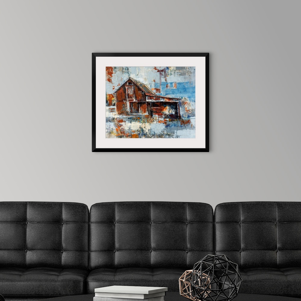 A modern room featuring Abstracted artwork of a barn painted with rust colored browns that contrast beautifully with cool...