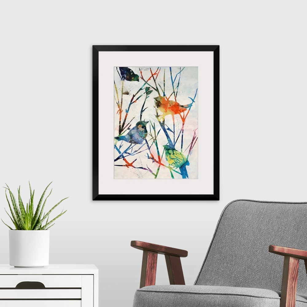 A modern room featuring Contemporary art of four multicolored birds perched on bare tree branches that are vibrantly colo...