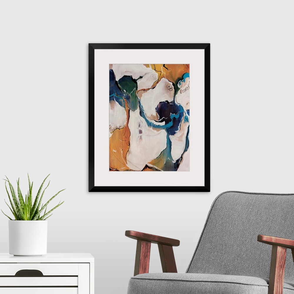 A modern room featuring Contemporary abstract artwork with flowing areas of color, reminiscent of a busy ocean town on a ...