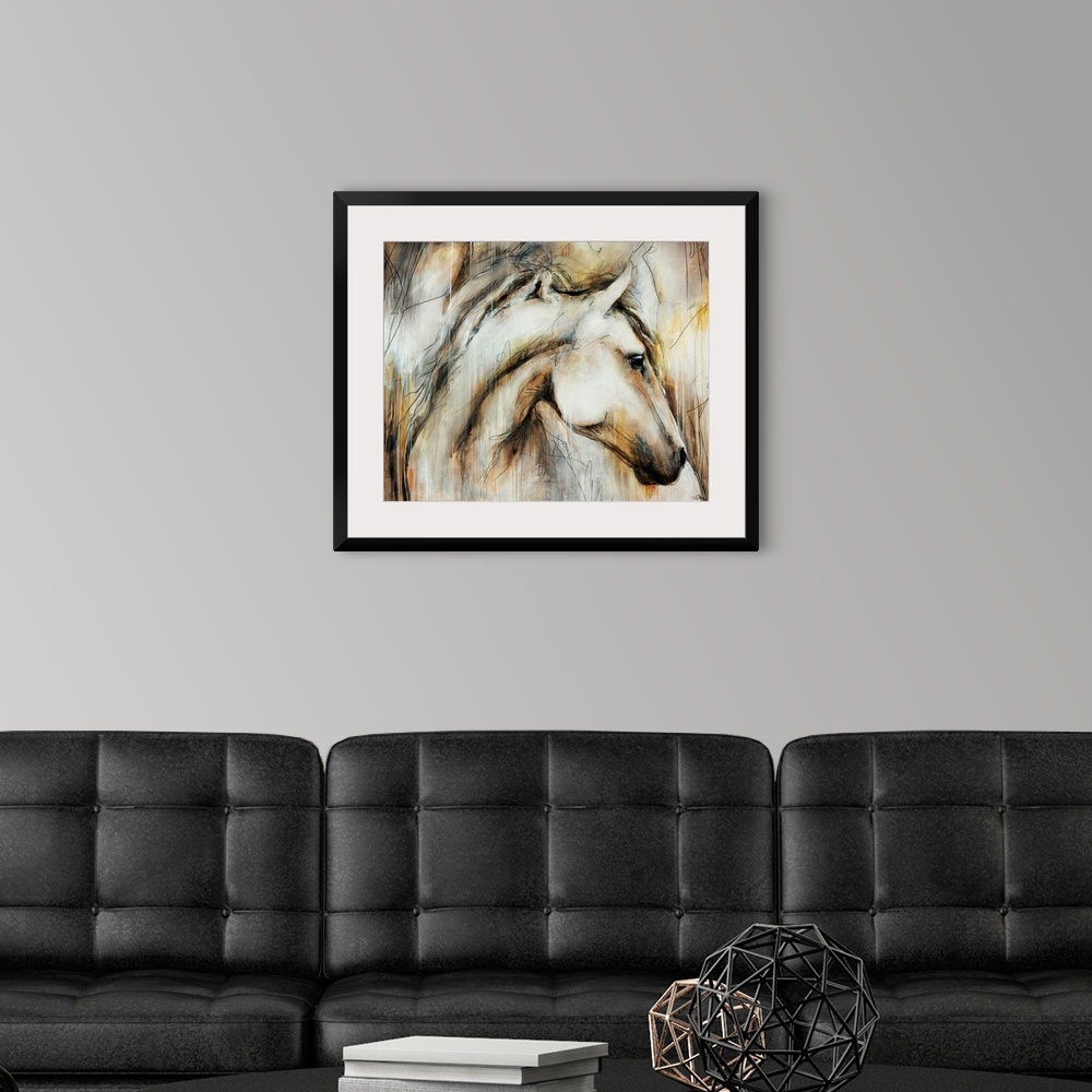 A modern room featuring Elegant painting of a horse done in muted earth tones.