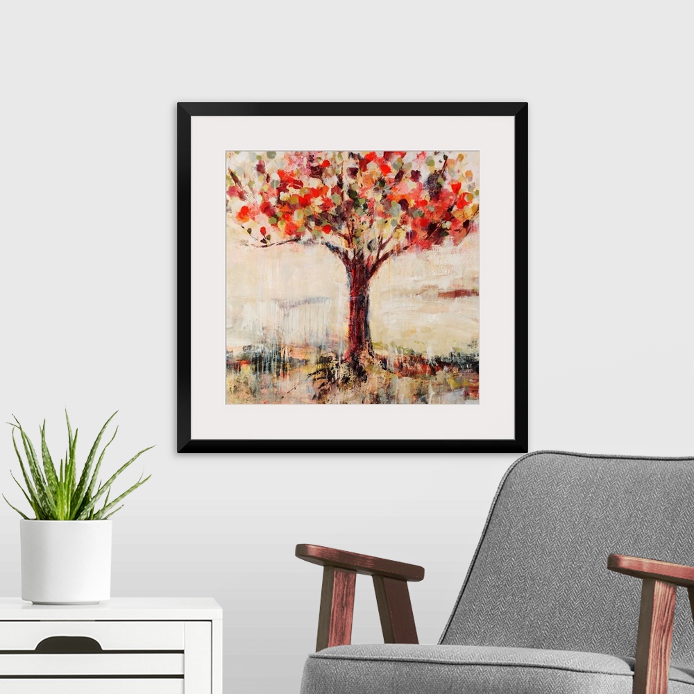 A modern room featuring Abstract landscape painting feature a tree done in vibrant, candy-like colors.