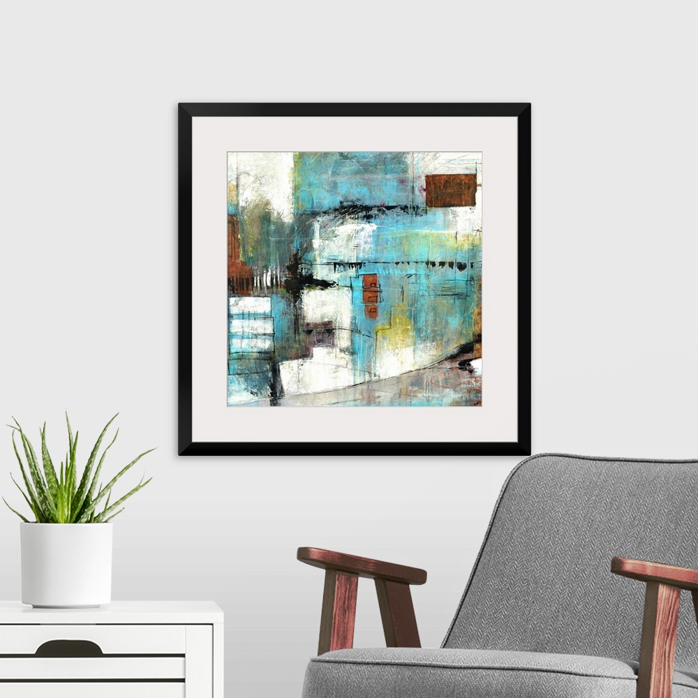A modern room featuring Contemporary abstract artwork with sketchy, quick lines and dark blocks on top of a pale backgrou...