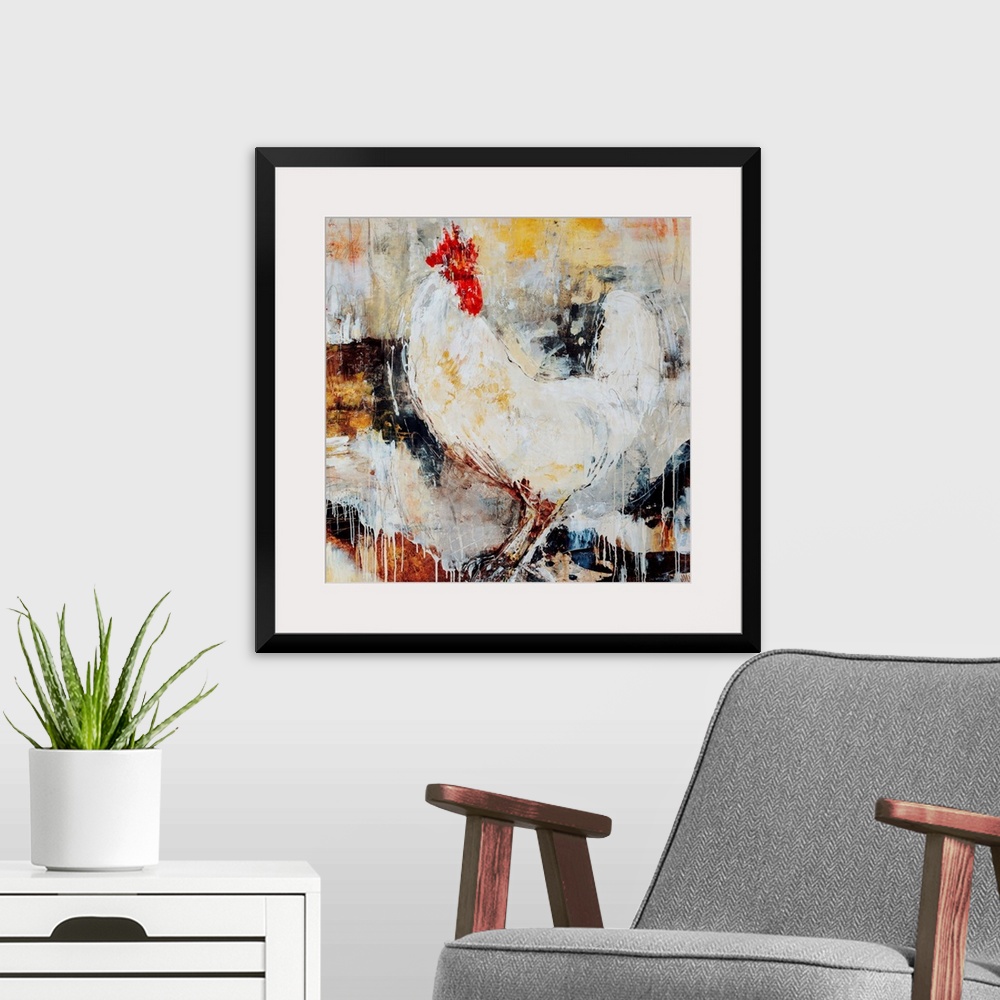 A modern room featuring Abstract painting of a rooster.