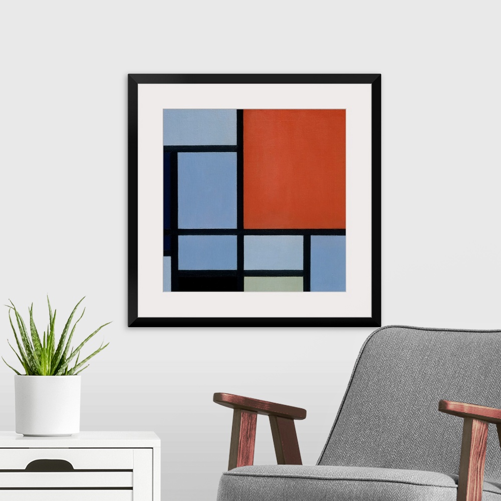 A modern room featuring This is an early example of the geometric mode of painting that Mondrian called Neo-Plasticism. F...