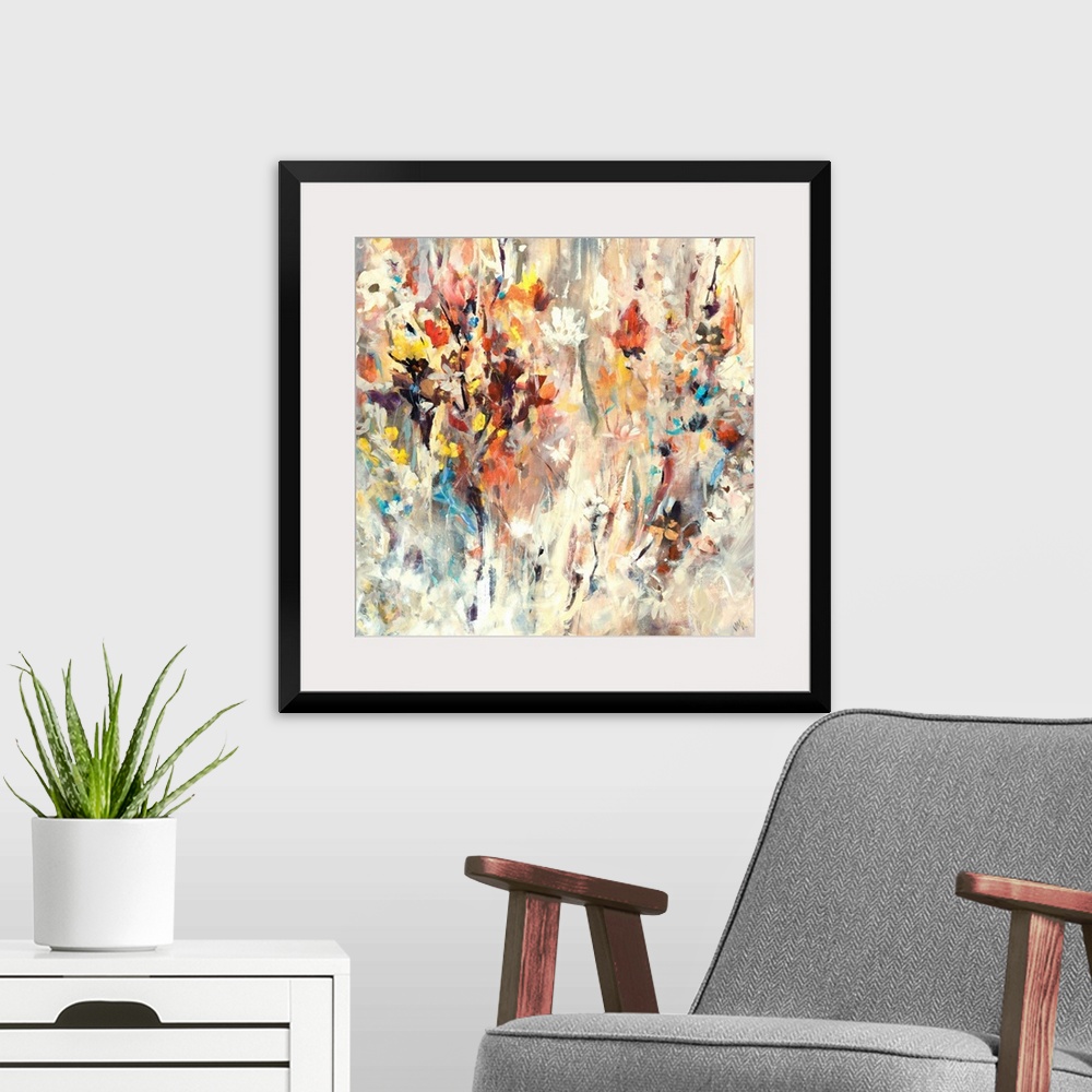 A modern room featuring Contemporary painting of many bright flowers, seemingly jumping from the beige background, full o...