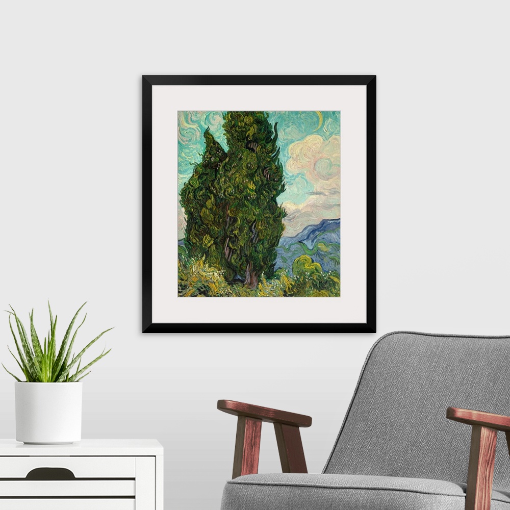 A modern room featuring Cypresses was painted in late June 1889, shortly after Van Gogh began his yearlong stay at the as...