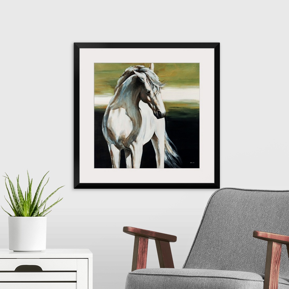 A modern room featuring Square, big painting of a partially shadowed, white horse from the knees up, standing forward wit...