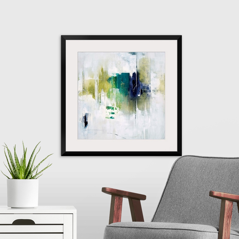 A modern room featuring Abstract painting using vivid green and blue tones in gradients on a neutral background.