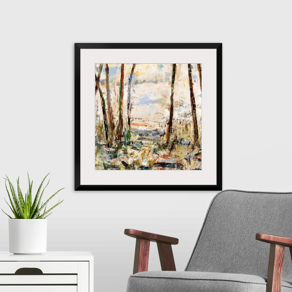 A modern room featuring Contemporary abstract painting using earth tones to make a forest.