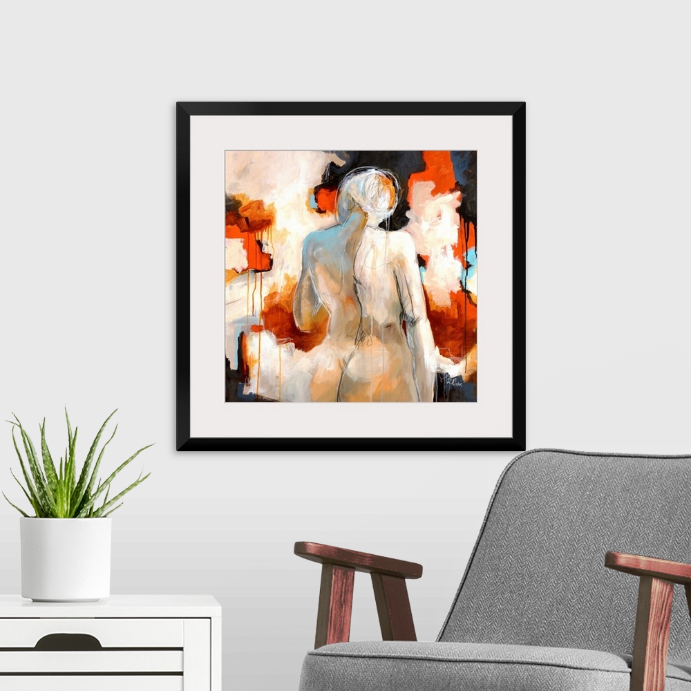 A modern room featuring Giant contemporary art shows a profile from behind of a nude woman standing in front of backgroun...