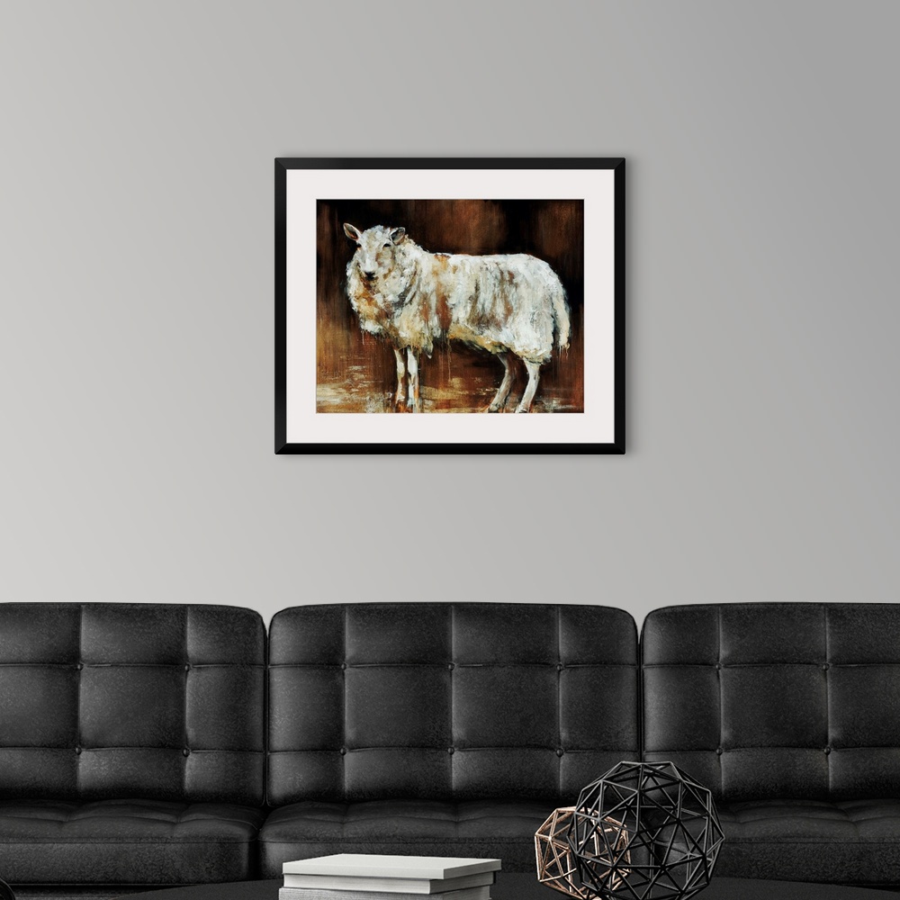 A modern room featuring Contemporary artwork of a sheep that uses different neutral shades to give it dimension.
