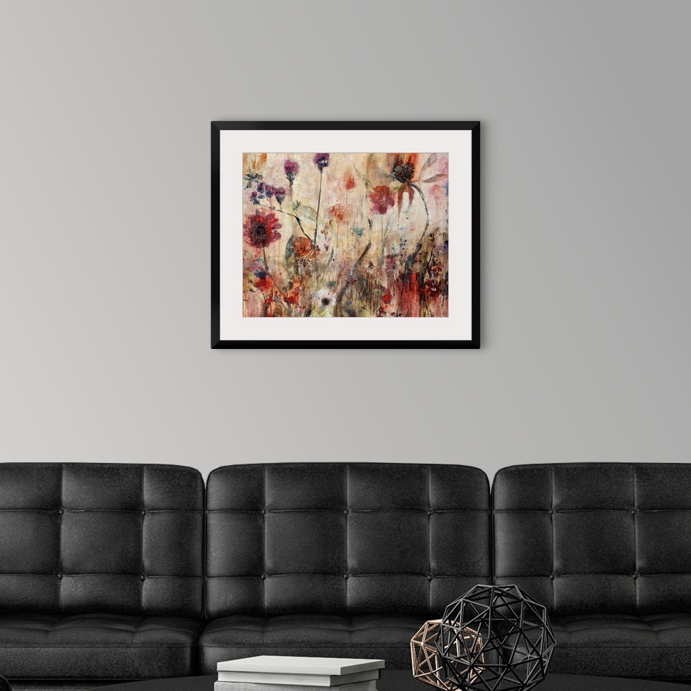 A modern room featuring Contemporary abstract painting of wildflowers with grungy textures on canvas.