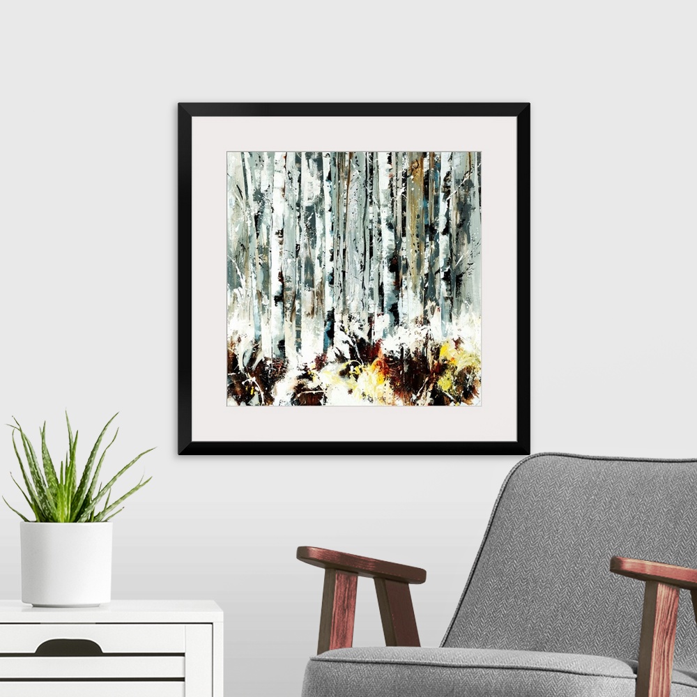 A modern room featuring Abstracted painting of birch trees done in various shades of gray.