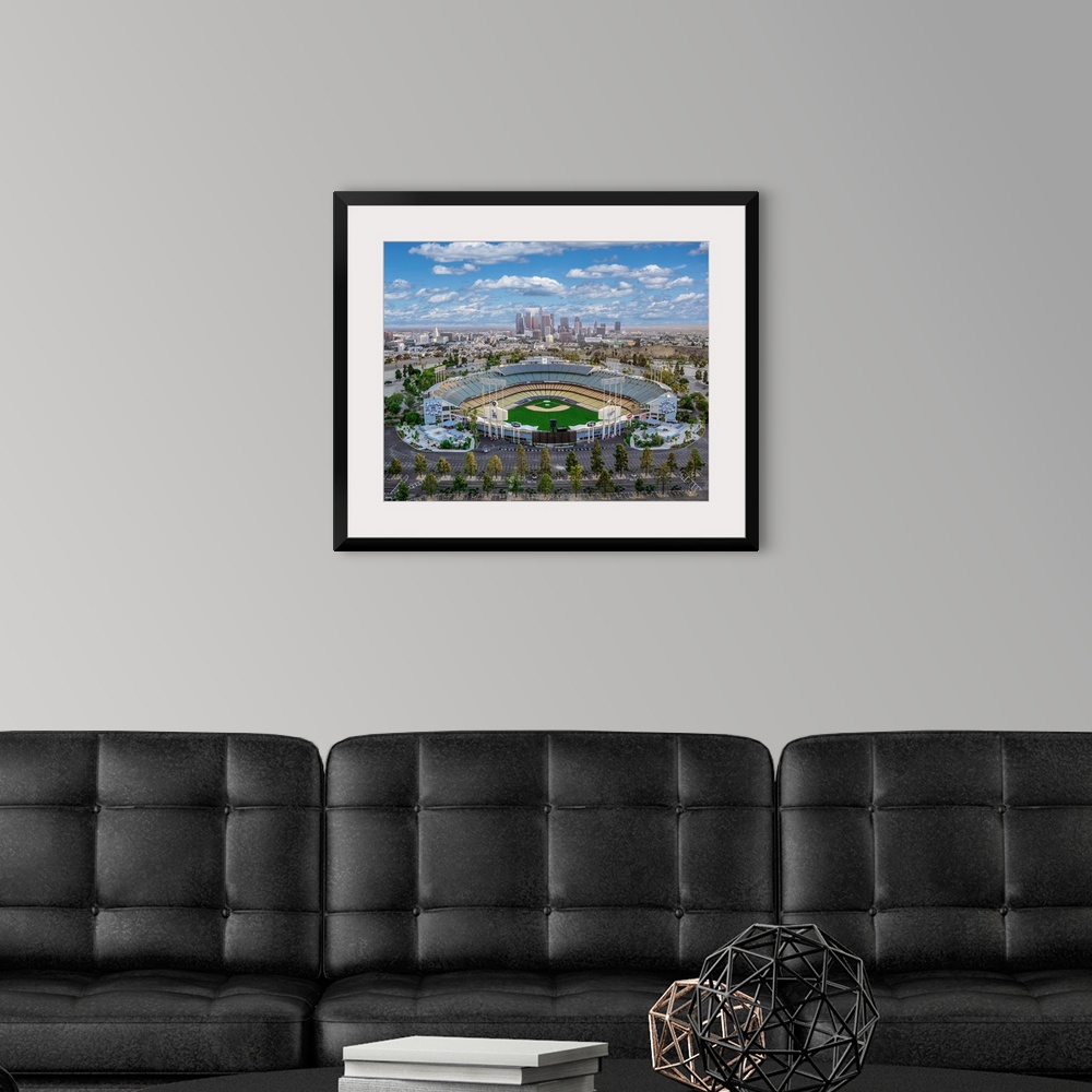 A modern room featuring Aerial view of the Dodger Stadium with the Los Angeles skyline in the distance, California.